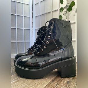 Jet Black Faux Leather Shiny Combat Boots from SHEIN, Size 9